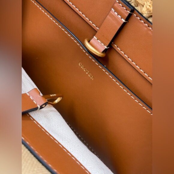 🆕 OROTON 🧿 NWOT Calypso Small Woven Straw Crossbody Tote, Natural & Saddle - Picture 12 of 16